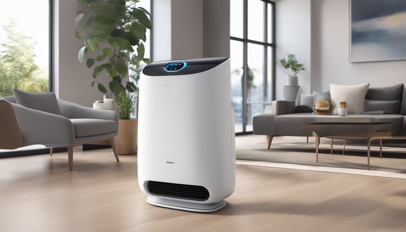 A Europace EPU 7550 air purifier sits on a clean, modern living room floor. Soft, natural light filters through the window, illuminating the sleek, white device