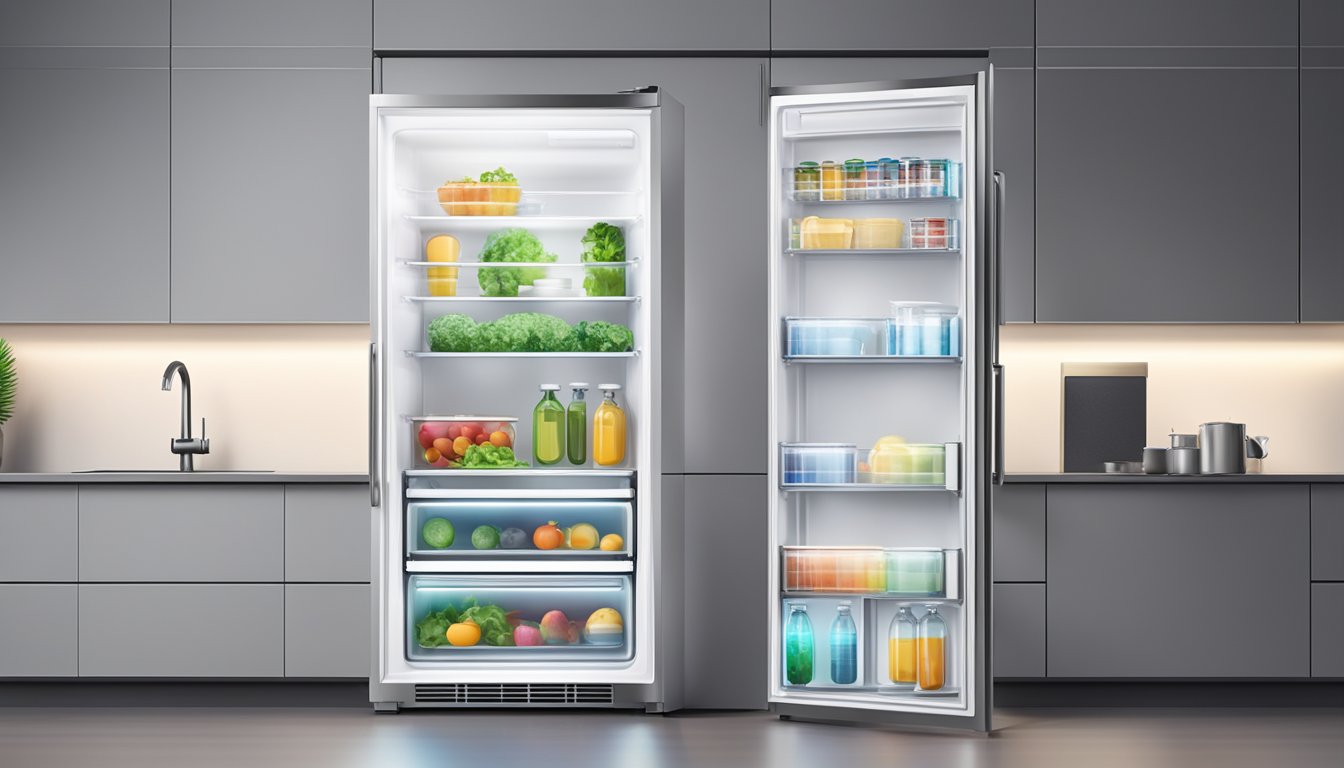A sleek, modern fridge with a prominent energy rating label. Bright, efficient LED lighting illuminates the spacious interior