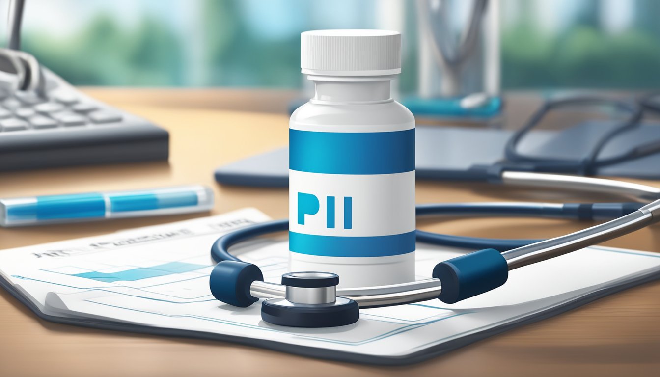 A stethoscope and a prescription bottle of PPI medication on a doctor's desk