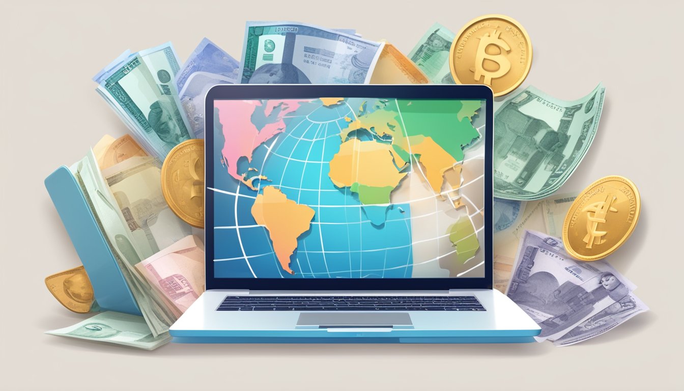 A globe surrounded by various currency symbols, a laptop with online teaching materials, and a passport with travel stamps