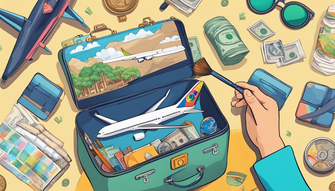 A person's hand holding a paintbrush, creating a vibrant travel-themed illustration with a suitcase, airplane, and various currency symbols