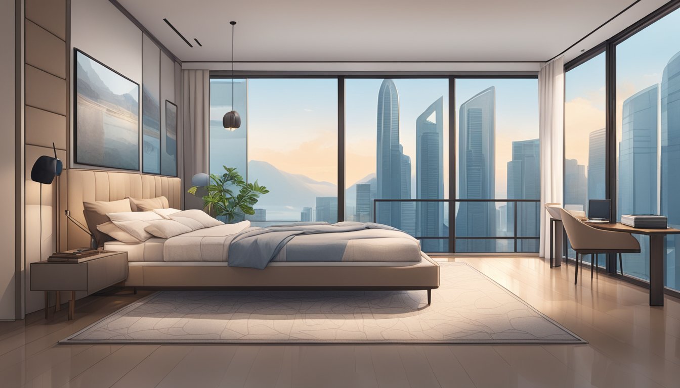 A cozy bedroom with a plush upholstered bed frame, set against a backdrop of modern Singaporean architecture