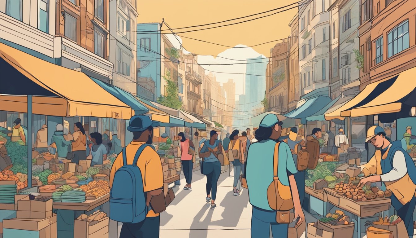A bustling city street with various people engaged in short-term jobs and services, such as food delivery, ride-sharing, and freelance work. A traveler is seen making money through various means like busking or selling handmade crafts