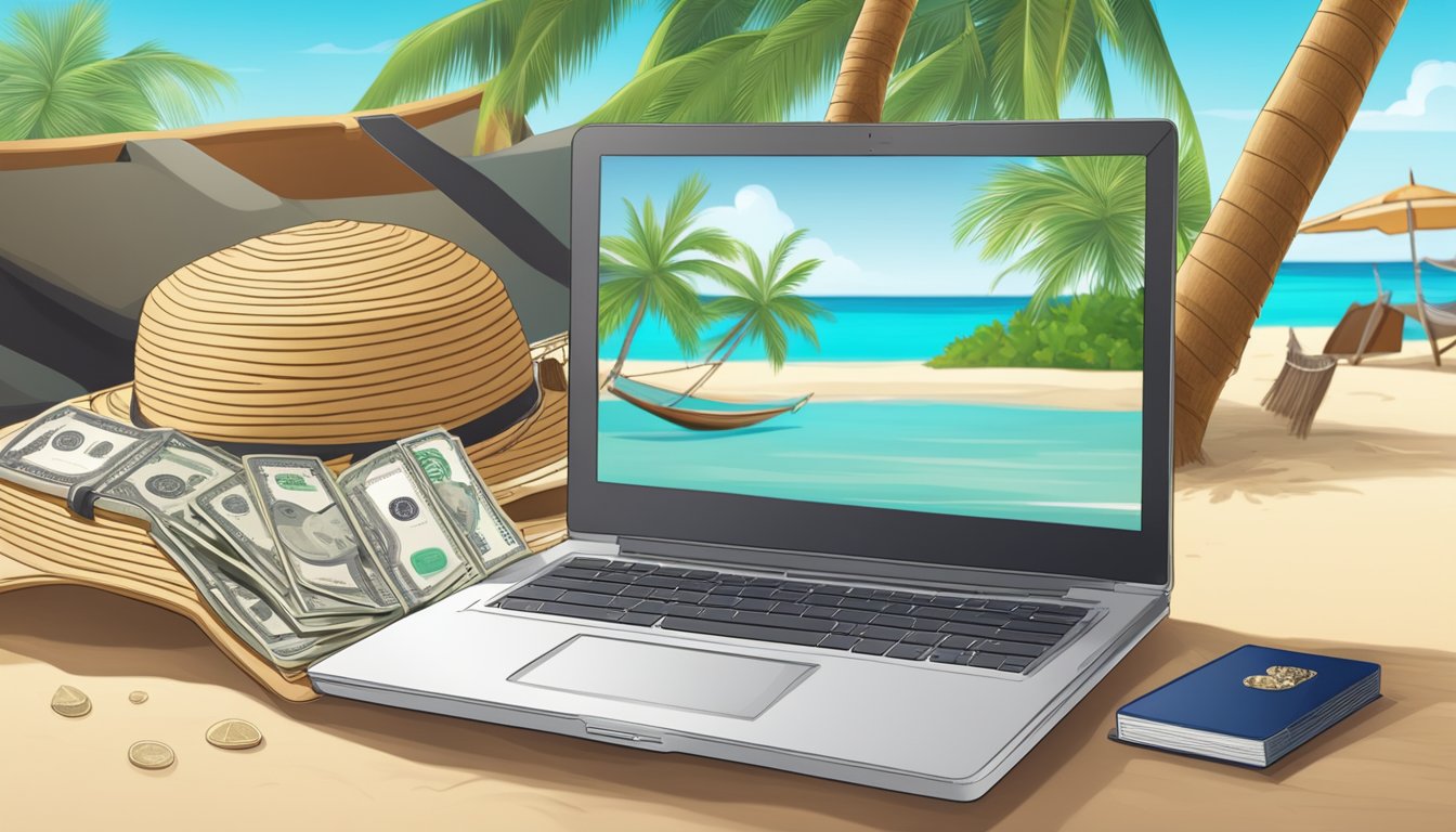 A laptop, a passport, and a stack of cash on a tropical beach with a hammock and palm trees in the background
