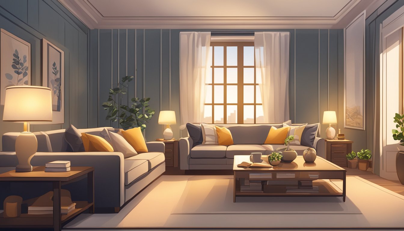 A cozy living room with a plush sofa, soft throw pillows, and warm lighting