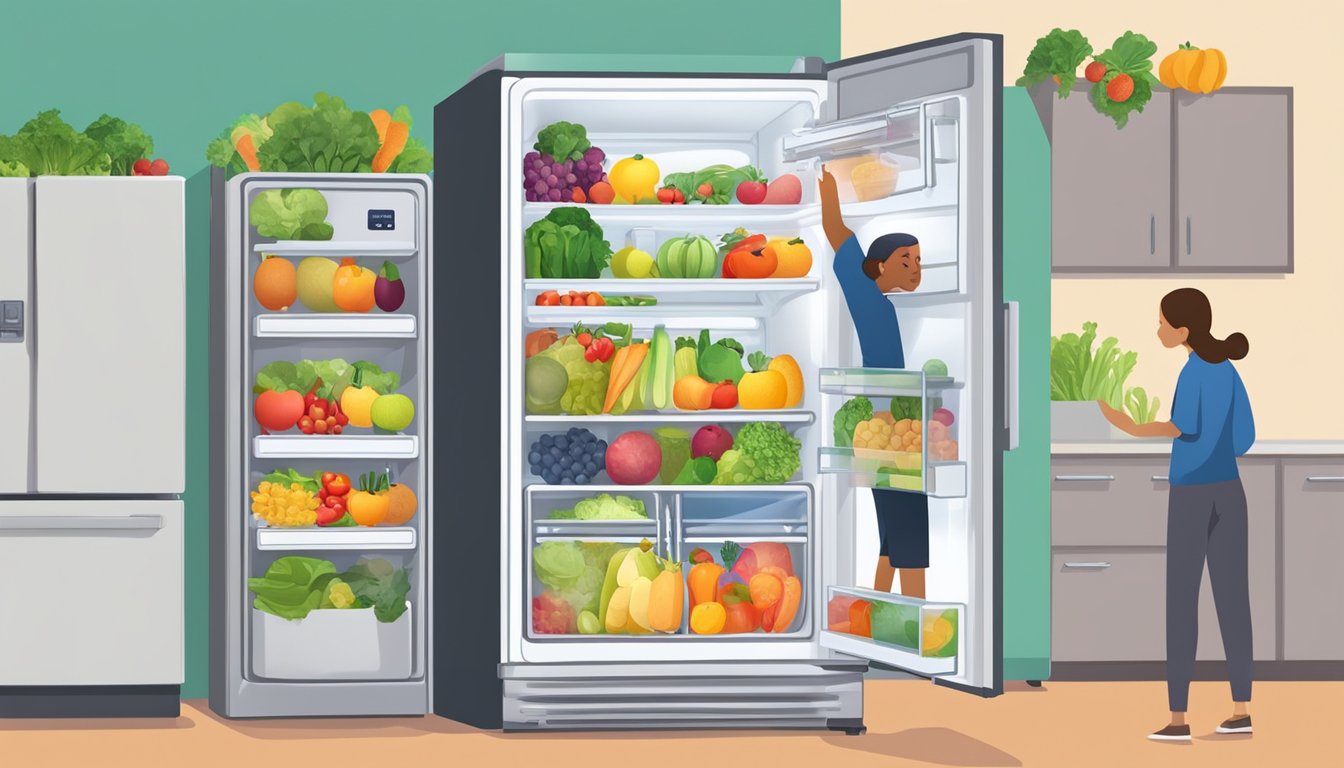 A hand reaches for the top shelf of a fridge, filled with brightly colored fruits and vegetables. The fridge has a prominent energy rating sticker displayed on the door