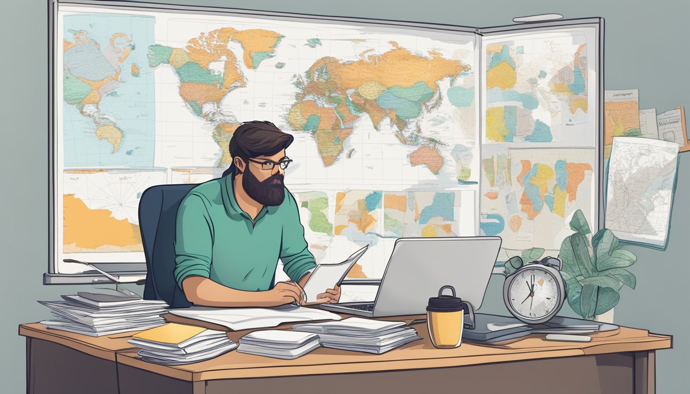 A traveler sitting at a desk with a laptop, surrounded by maps, a camera, and a journal. Money-saving tips and earning strategies are written on a whiteboard in the background