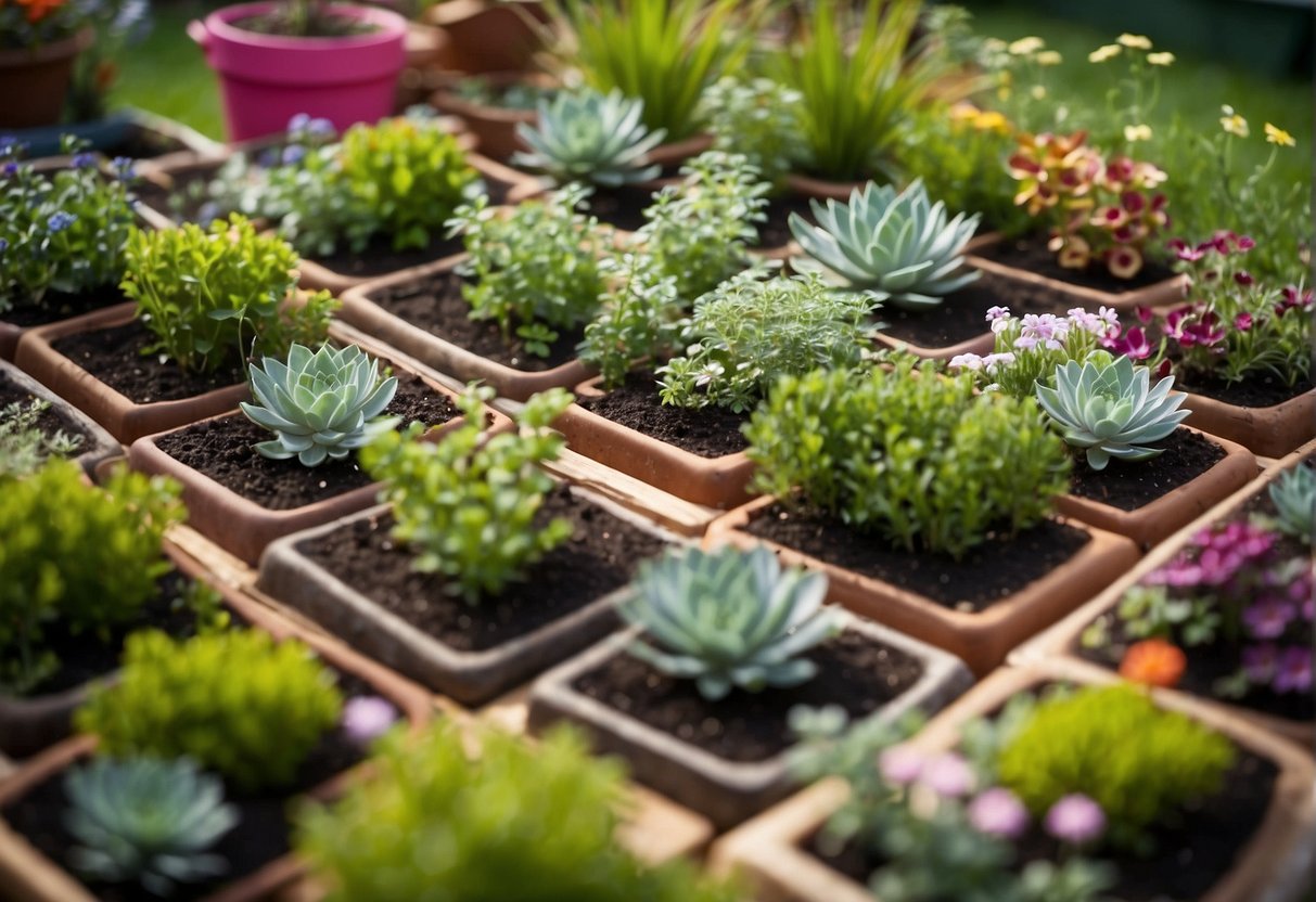 A variety of 38 small garden designs, including raised beds, container gardens, and vertical planters, are arranged in a colorful and organized display