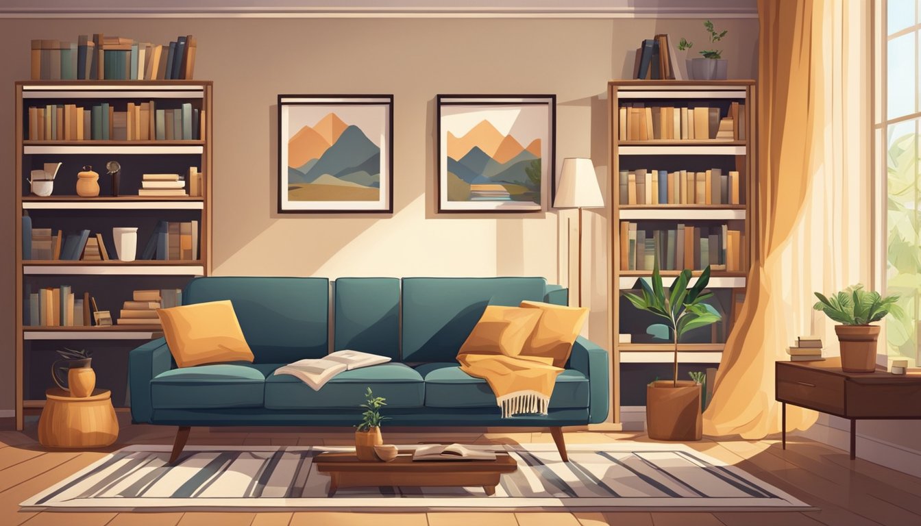A cozy living room with a comfortable sofa, surrounded by shelves of books and a warm, inviting atmosphere