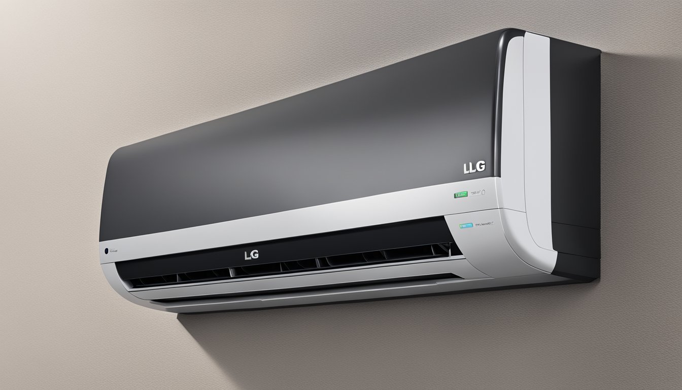 A sleek LG black air conditioner mounted on a white wall, with cool air flowing out of the vents