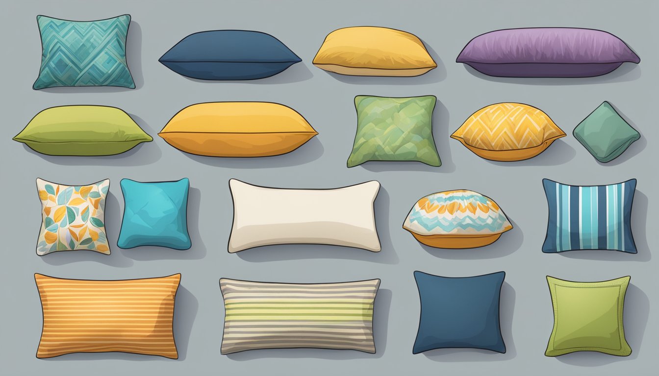 A variety of pillows in different shapes and sizes are displayed, each with a label describing its unique benefits
