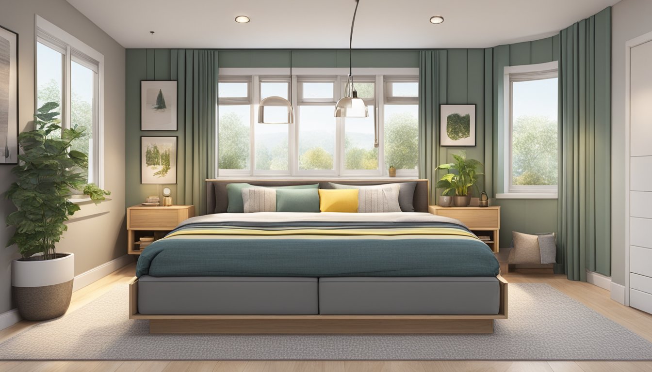 A cozy bedroom with a raised bed to maximize space and comfort. The bed is tall with storage underneath