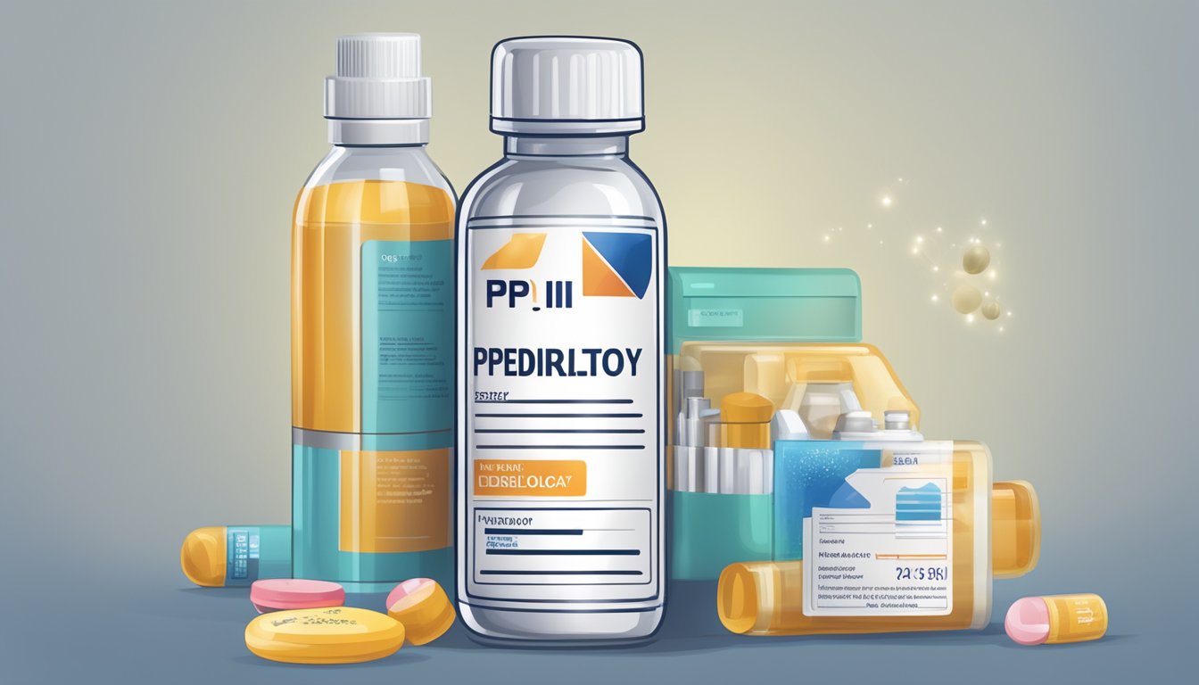 A bottle of PPI medication with a label displaying "PPI" and "cardiology" surrounded by safety and side effect information