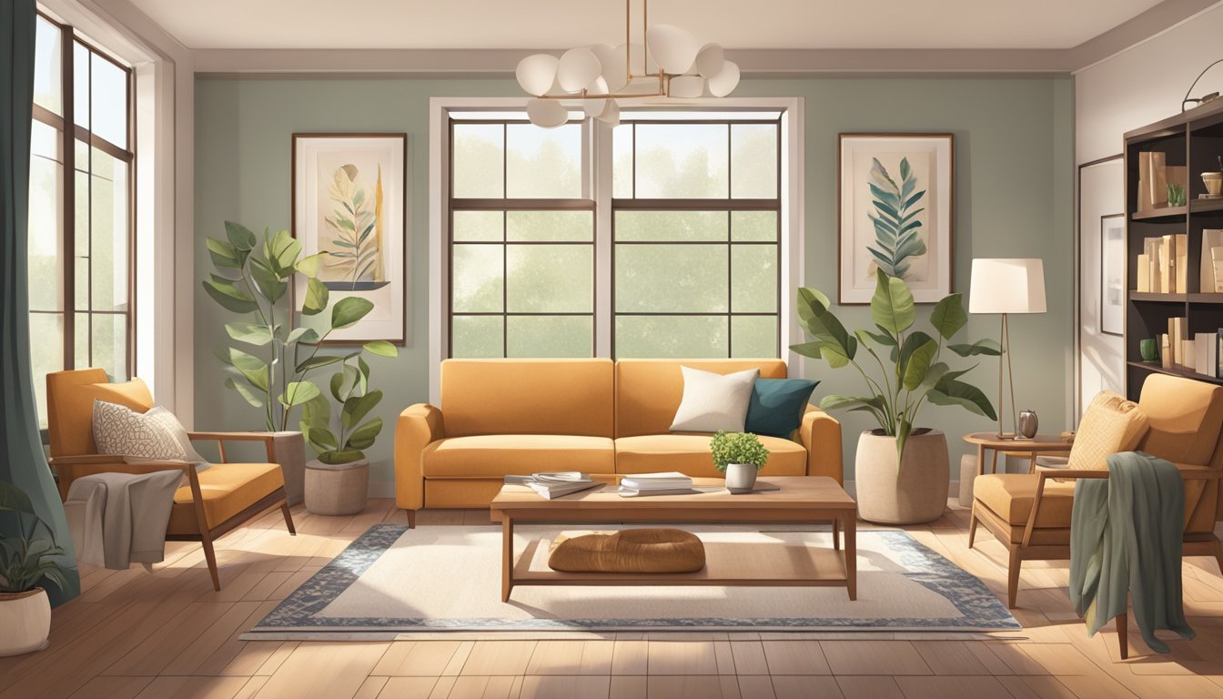 A cozy living room with warm colors, soft textures, and natural lighting to promote relaxation and comfort, with strategically placed furniture to encourage conversation and connection