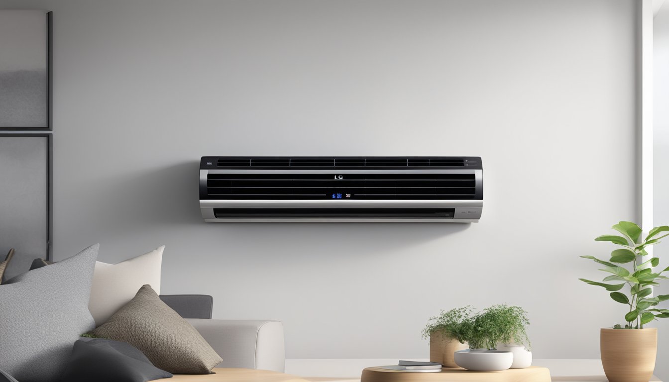 A sleek LG black air conditioner mounted on a white wall, with cool air flowing from the vents and a digital display showing the current temperature setting