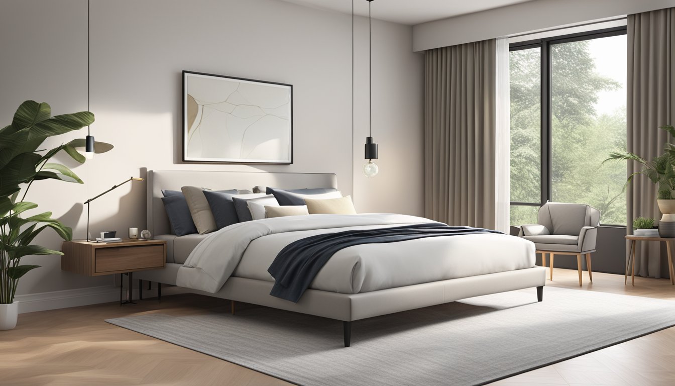 A modern bedroom with a sleek upholstered bed frame, clean lines, and a minimalist design. The room is well-lit with natural light, creating a serene and inviting atmosphere