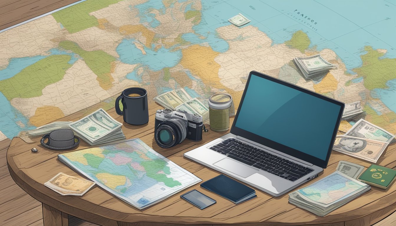 A rustic wooden table with a map, passport, and various currencies scattered across it. A laptop open to a freelance job board, with a camera and travel journal nearby