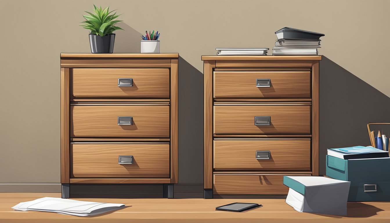 A wooden office chest of drawers sits against the wall, with a polished finish and metal handles. The drawers are closed, and the top surface is cluttered with papers and office supplies