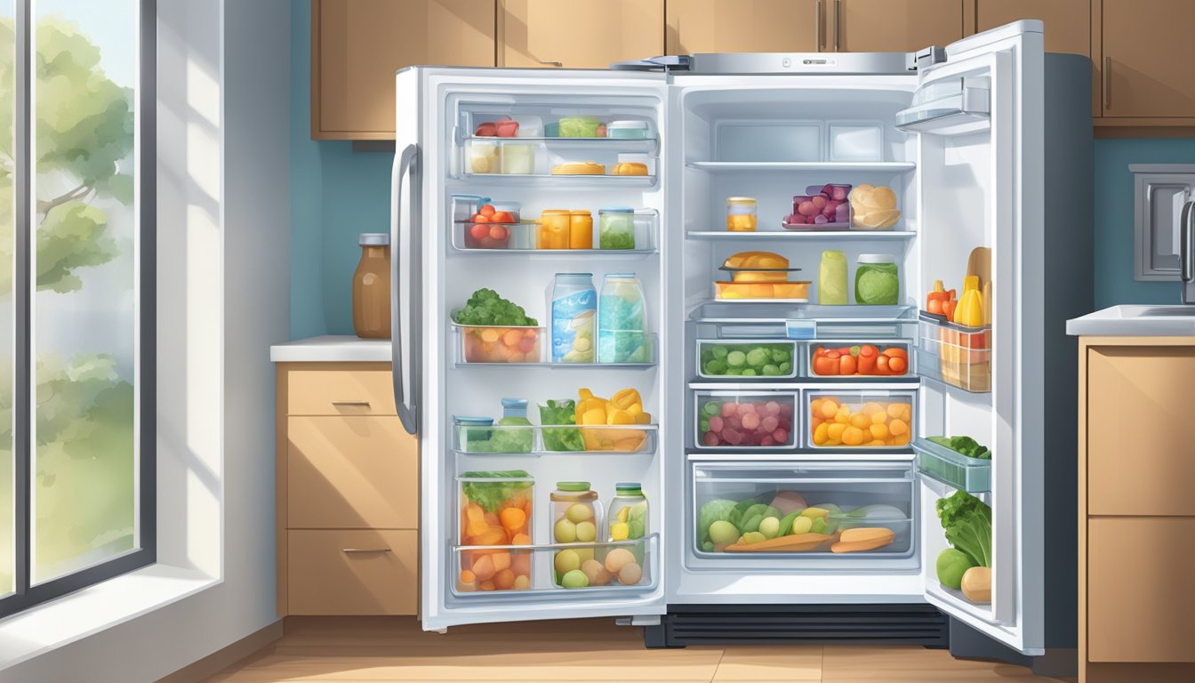 A fridge with a bright energy rating label stands in a well-lit kitchen, filled with neatly organized food items and containers. The door is sealed tightly, and the temperature control is set to an energy-saving level