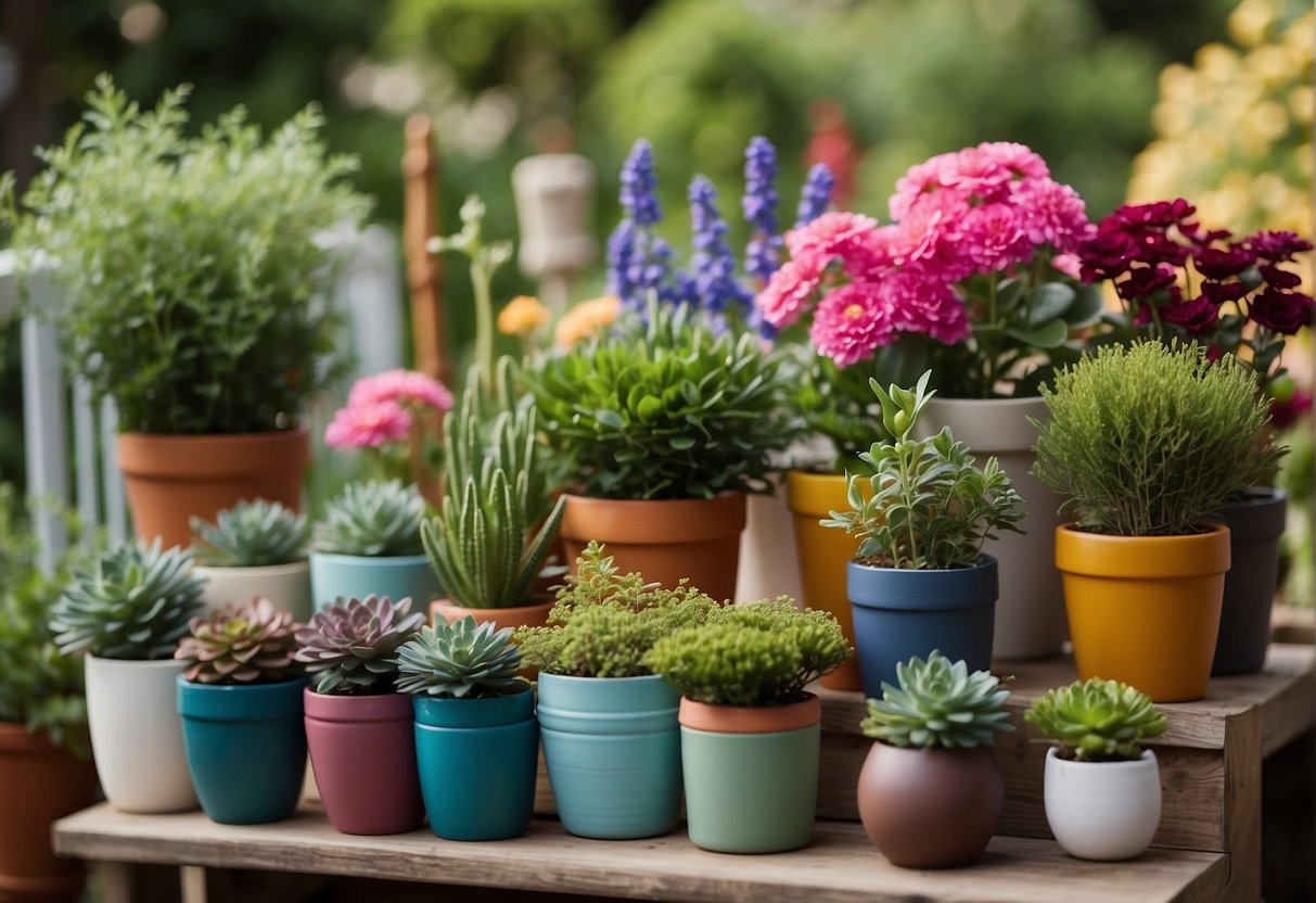 A small garden with various accessories like colorful pots, hanging planters, wind chimes, and decorative garden stakes. Flowers and greenery add a pop of color to the space