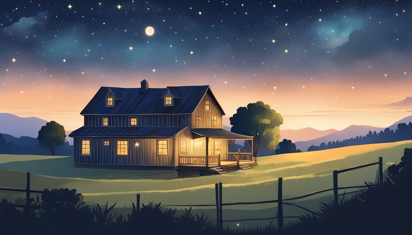 A tranquil night sky over a rustic farm, with a cozy farmhouse nestled among rolling hills and a backdrop of shimmering stars