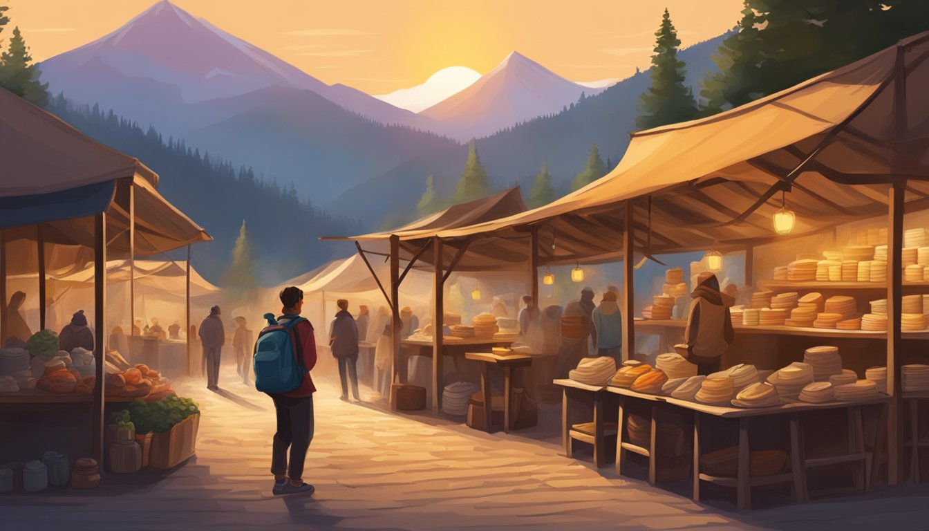 A backpacker sits at a rustic market, selling handmade crafts to eager tourists. The sun sets behind a mountain, casting a warm glow over the bustling scene