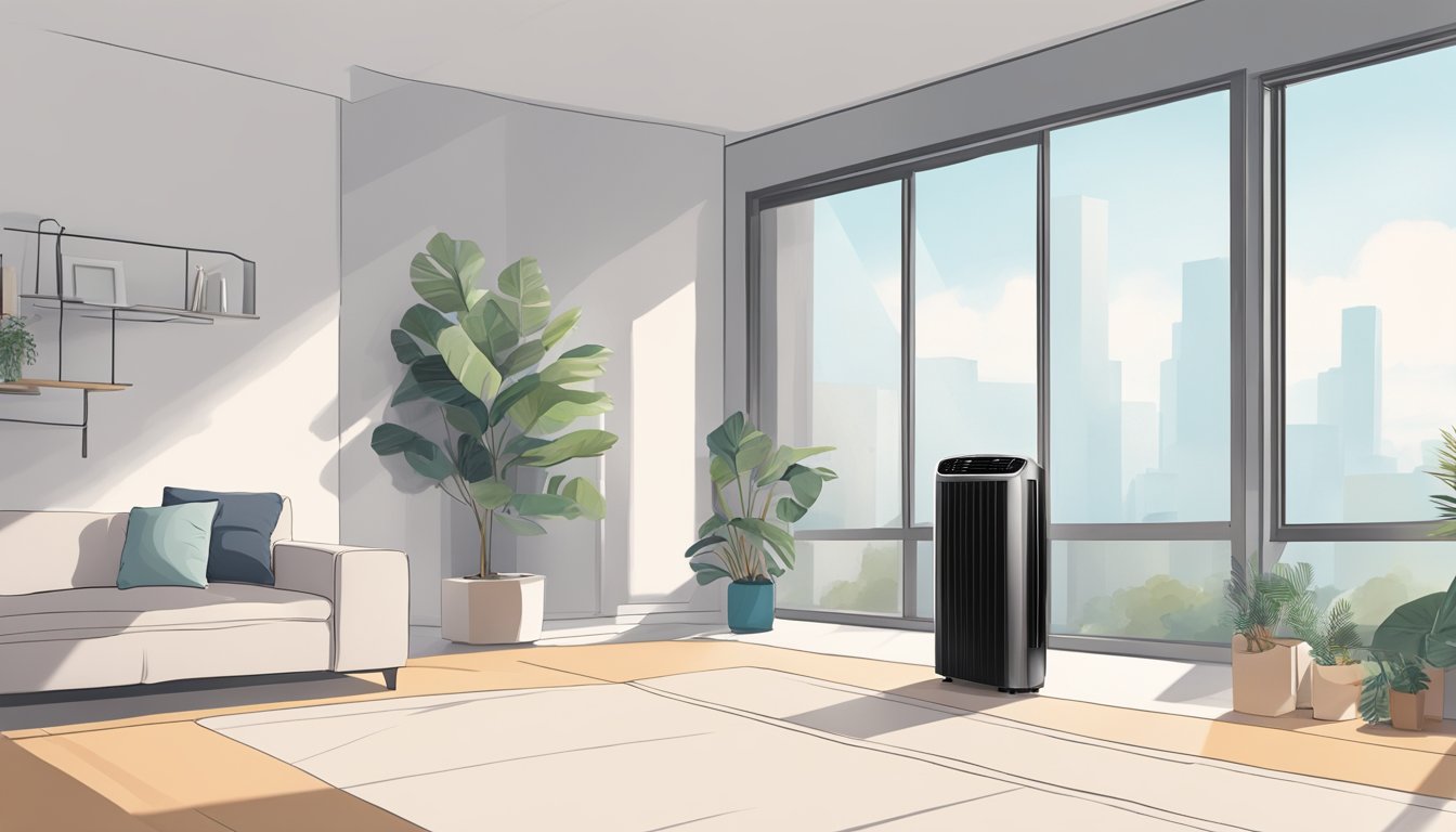 A person stands comfortably in a well-lit room, enjoying the cool air from an LG black air conditioner. The room is clean and modern, with a minimalist design