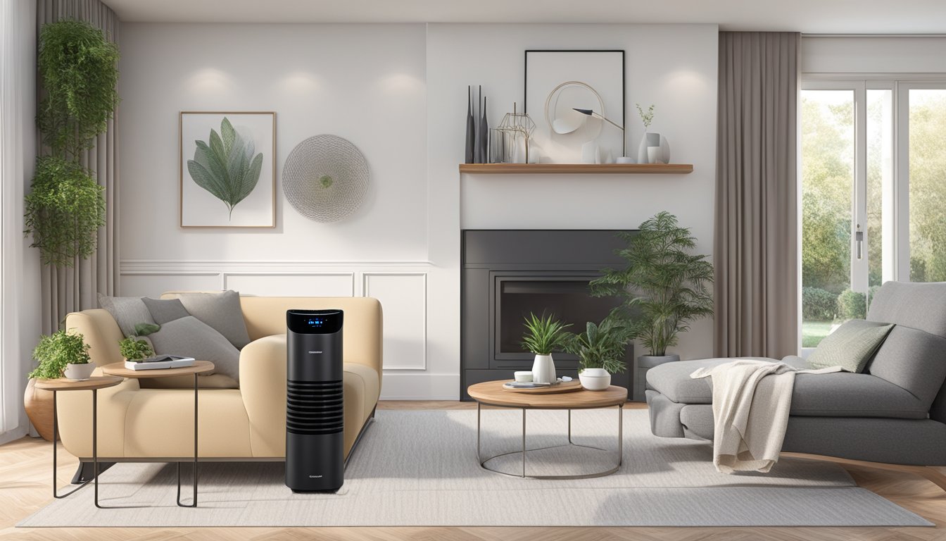 The Europace EPU 7550 air purifier efficiently removes pollutants from the air, showcasing its performance in a sleek, modern living room setting