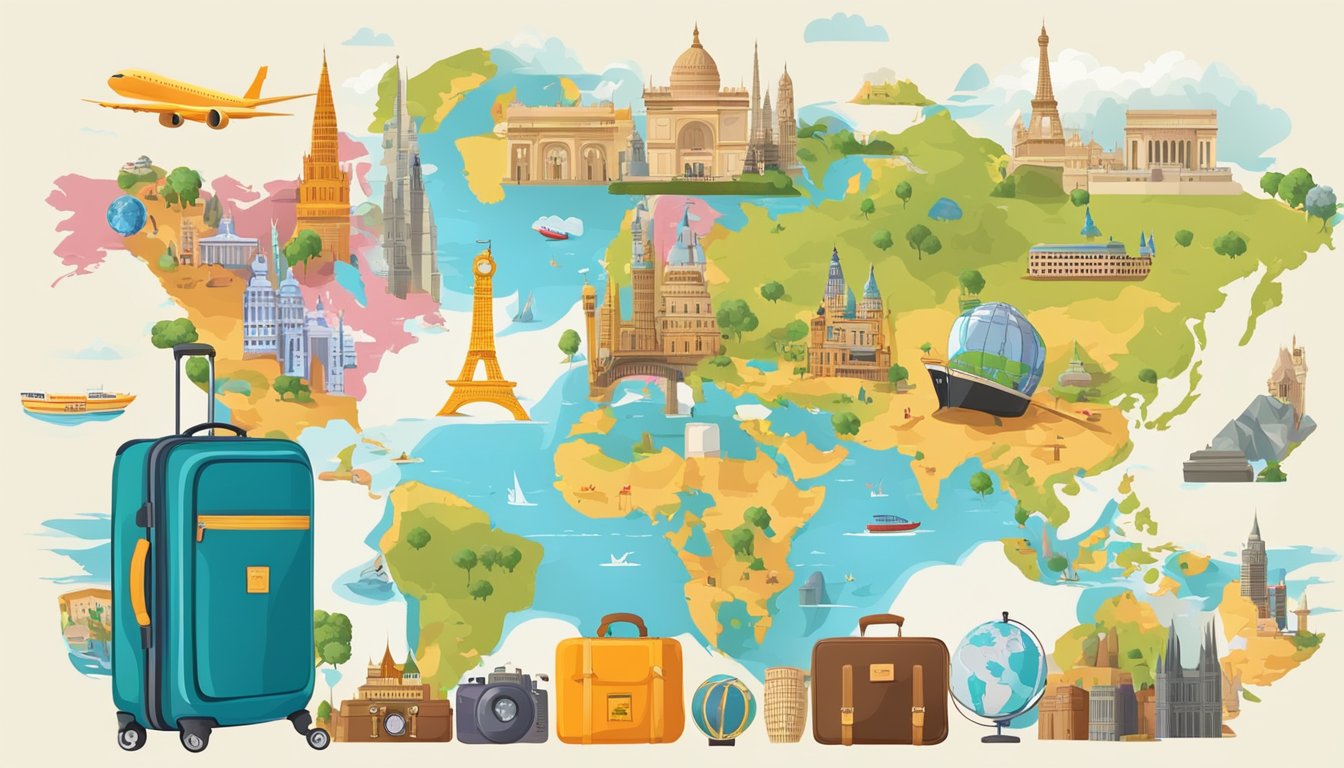 A colorful map with various global landmarks and symbols, surrounded by travel-related items like a suitcase, camera, and passport