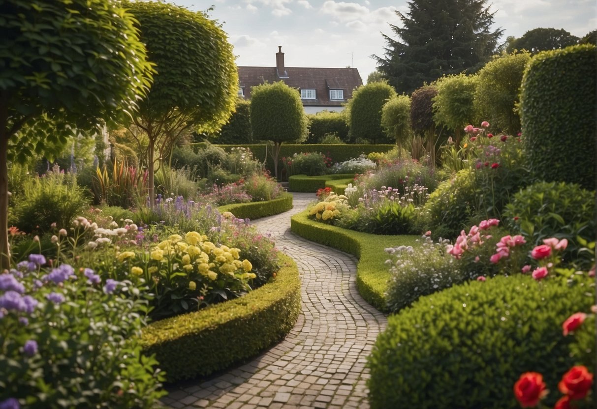 A small garden with various designs, including a mix of flowers, shrubs, and pathways. The garden is arranged in a visually appealing and functional manner, with elements of symmetry and balance