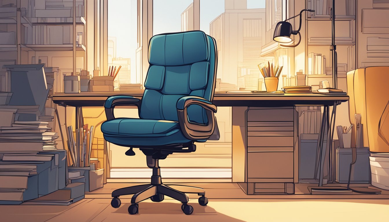 A sleek, modern work chair sits in front of a cluttered desk, bathed in the warm glow of a desk lamp