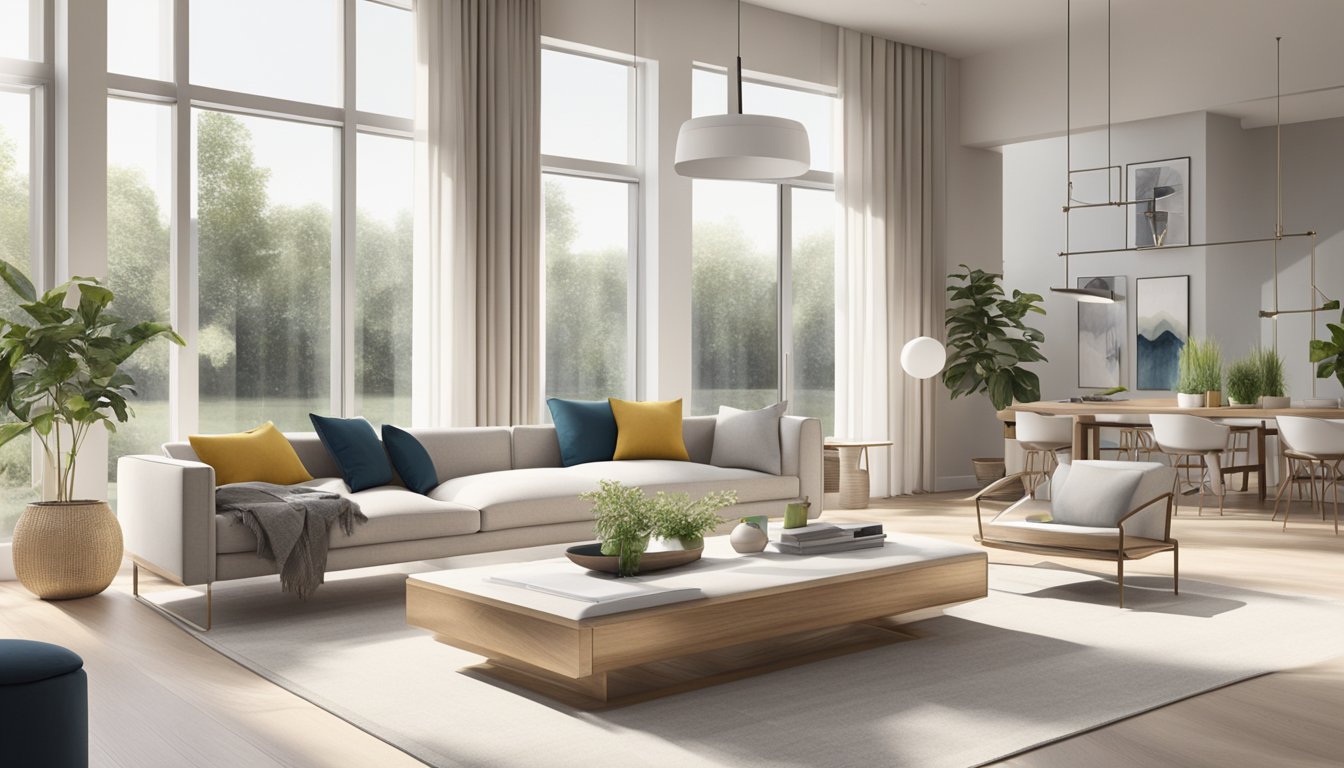 A spacious, modern interior with clean lines and minimalist furniture. A neutral color palette with pops of vibrant accents. Natural light streaming in through large windows, creating a bright and inviting space