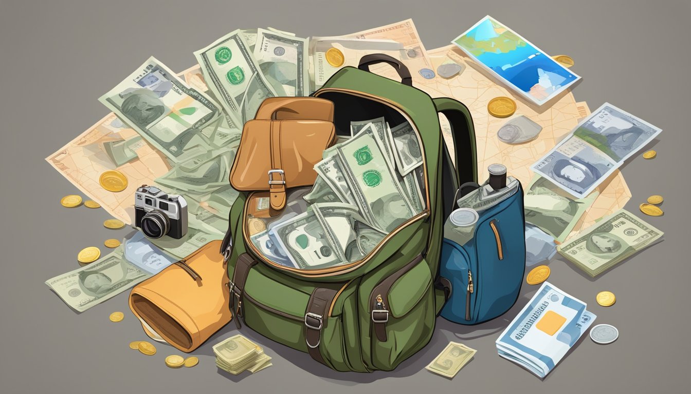 A traveler's backpack open with money, passport, and camera spilling out onto a map, surrounded by various currency notes and travel essentials