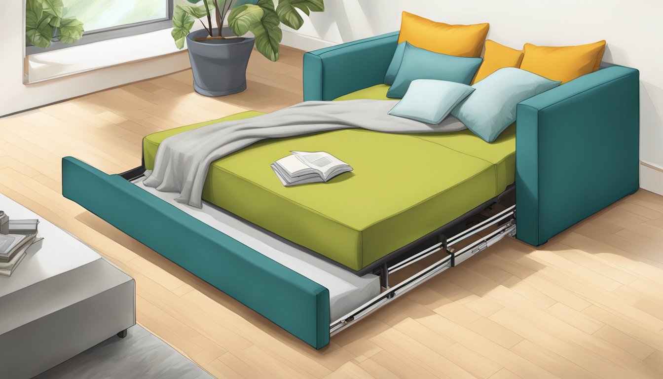 A single pull out bed extends from a couch, revealing a hidden sleeping space
