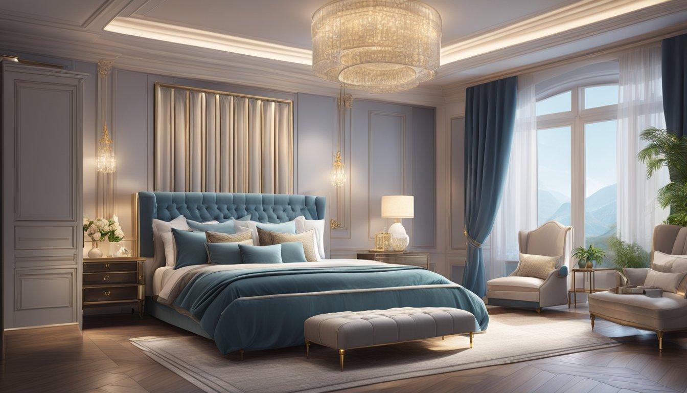 A luxurious bedroom with a regal, plush mattress at the center, surrounded by elegant furniture and soft, ambient lighting