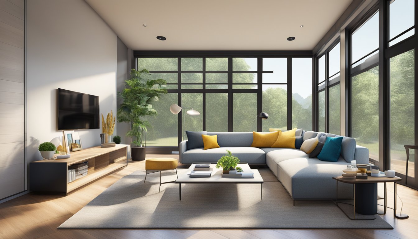 A modern living room with sleek furniture, vibrant accents, and natural light streaming in through large windows