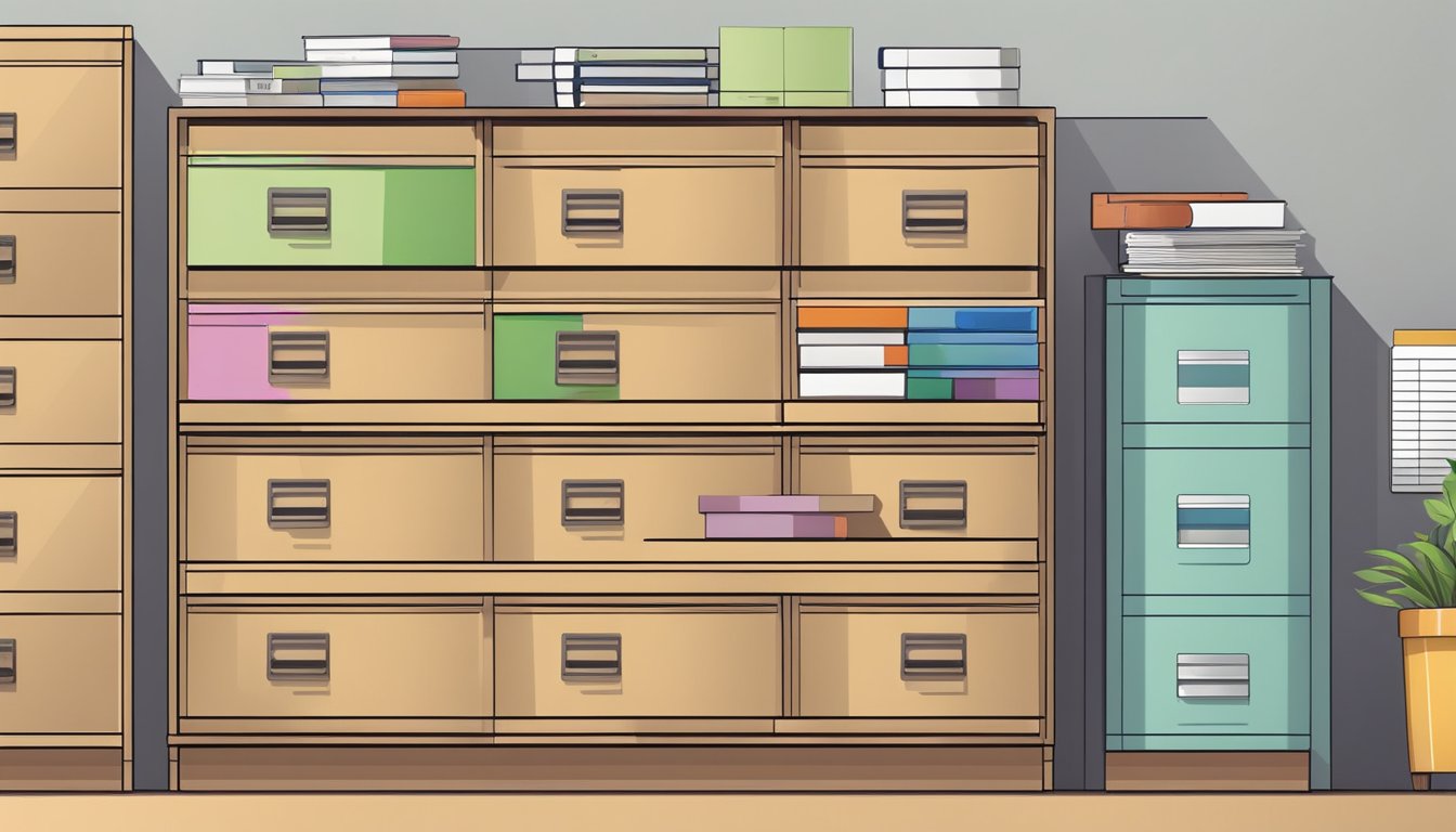 An office chest of drawers stands against the wall, neatly organizing files and office supplies. The drawers are labeled for easy access