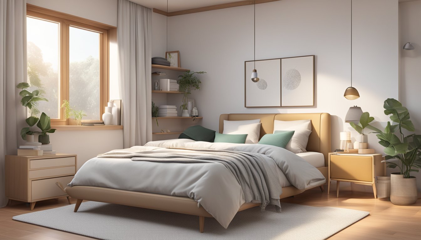 A cozy bedroom with a neatly made bed featuring a super single mattress, surrounded by a clean and organized space