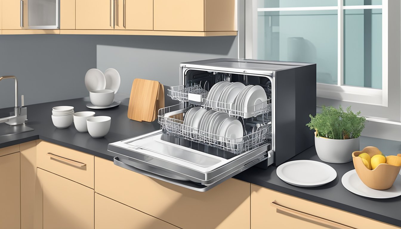 A tabletop dishwasher sits on a kitchen counter, surrounded by clean dishes and a dish rack. The machine is compact with a sleek, modern design, and it is in the process of washing dishes