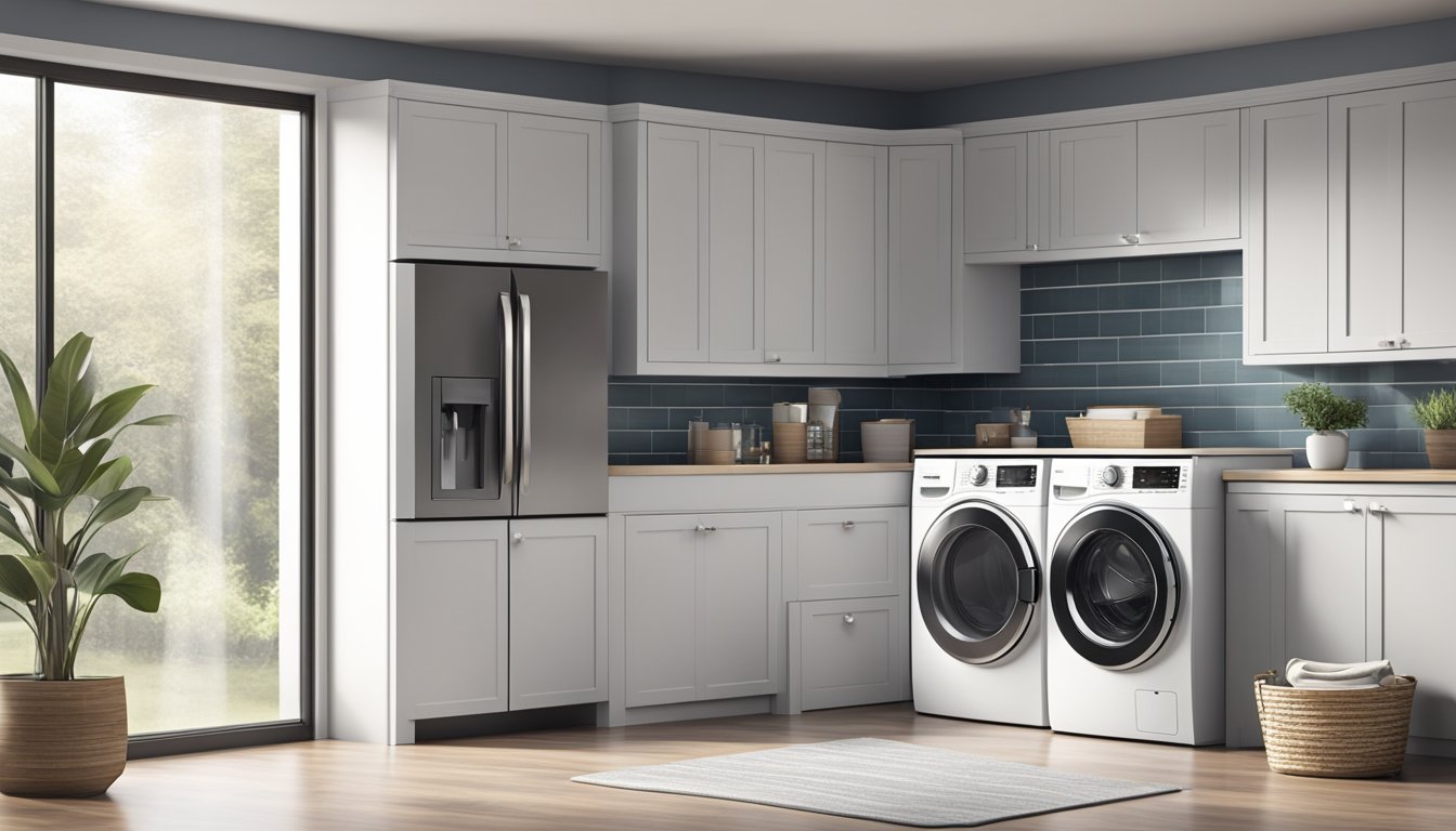A front load washer sits in a modern laundry room, surrounded by sleek appliances. The machine's dimensions are prominently displayed, and it exudes a sense of efficiency and convenience