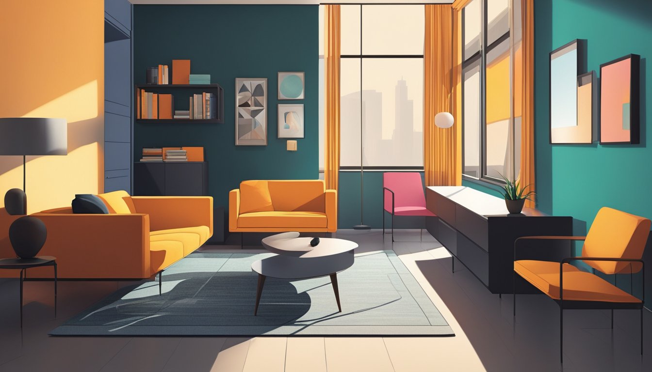 A room with bold, contrasting colors, sharp angles, and minimalistic furniture evokes a sense of tension and unease. The harsh lighting casts deep shadows, adding to the feeling of discomfort