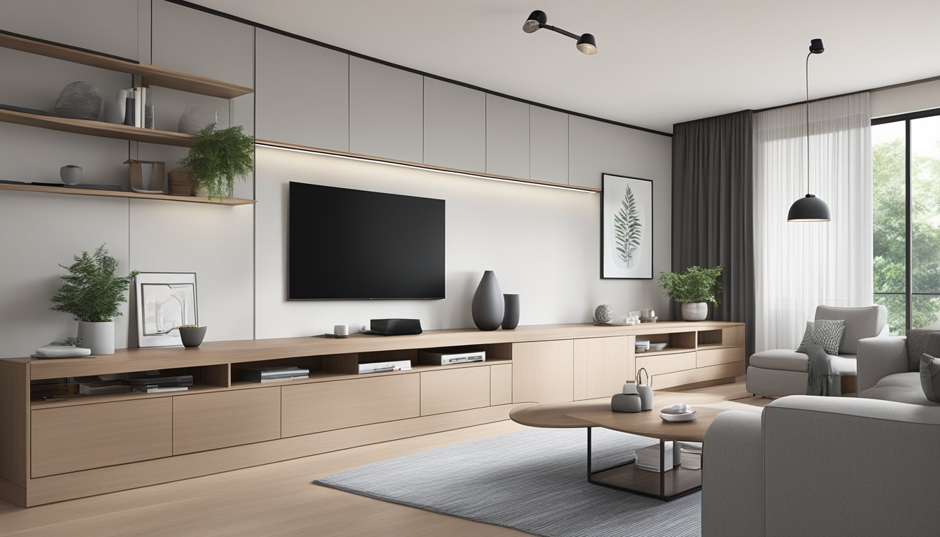 A sleek, modern TV console in a Singaporean living room, with clean lines, integrated storage, and a minimalist color palette