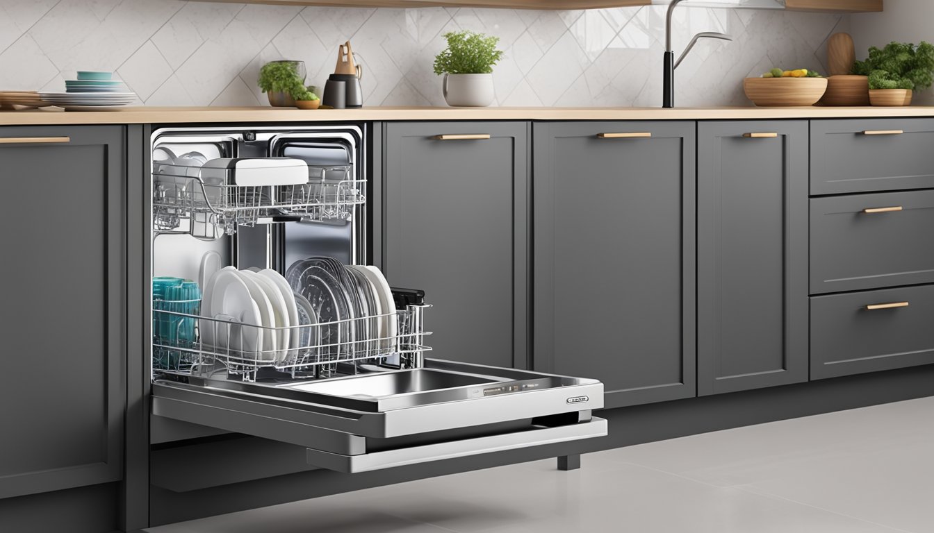 A tabletop dishwasher sits on a kitchen counter, compact and sleek. It features a clear control panel, a transparent door, and a pull-out rack for dishes