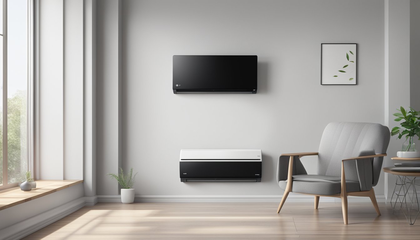 A sleek LG black air conditioner stands against a white wall, with a digital display showing "Frequently Asked Questions" in bold letters