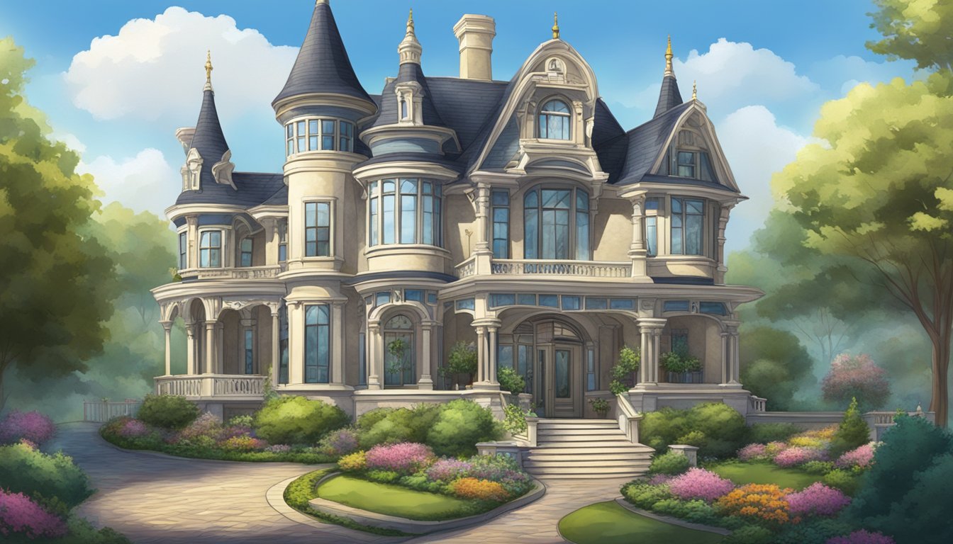A grand Victorian mansion with ornate trim and towering turrets, surrounded by lush gardens and a winding cobblestone path