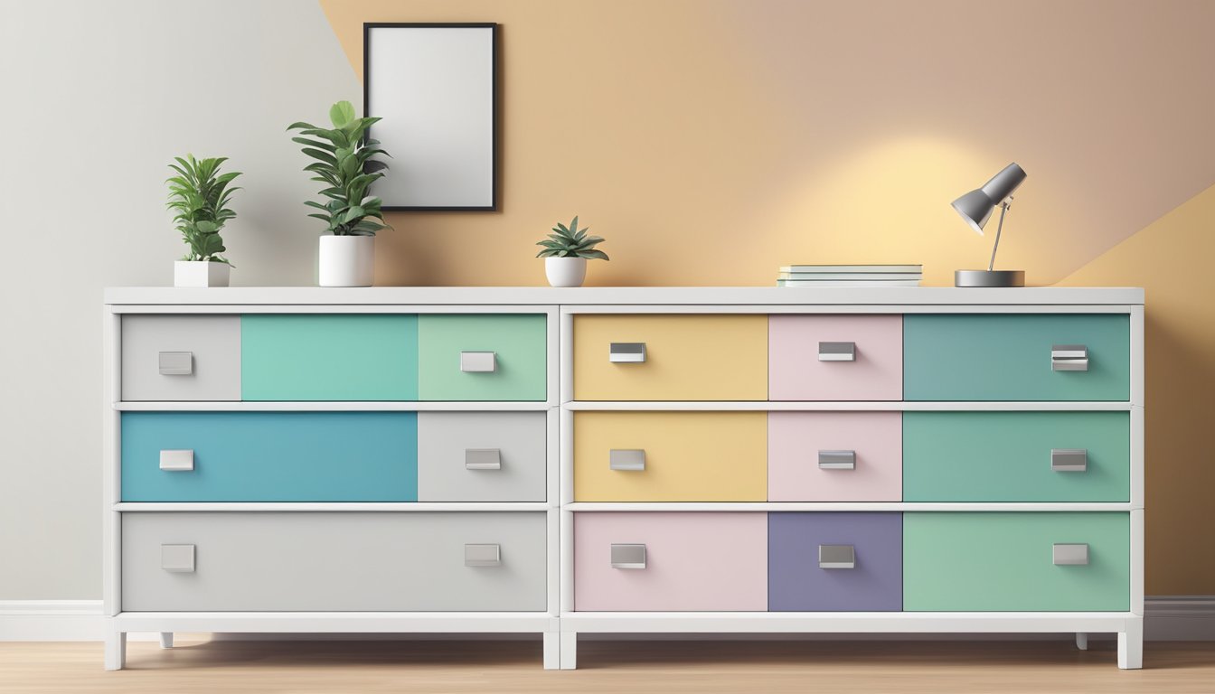A modern office chest of drawers sits against a bright, minimalist backdrop. The sleek unit features multiple drawers and a clean, versatile design