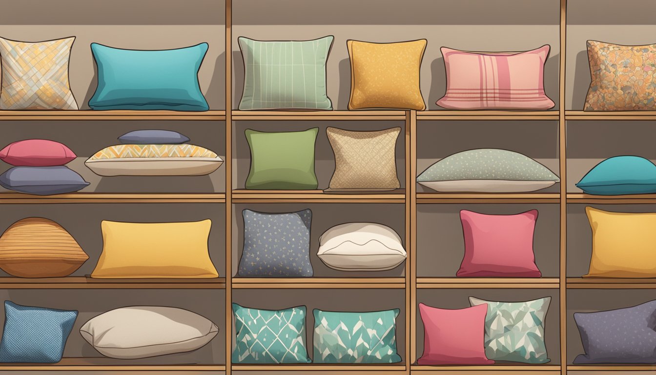 A variety of pillows in different shapes and sizes are displayed on a shelf, with labels indicating their specific features and benefits