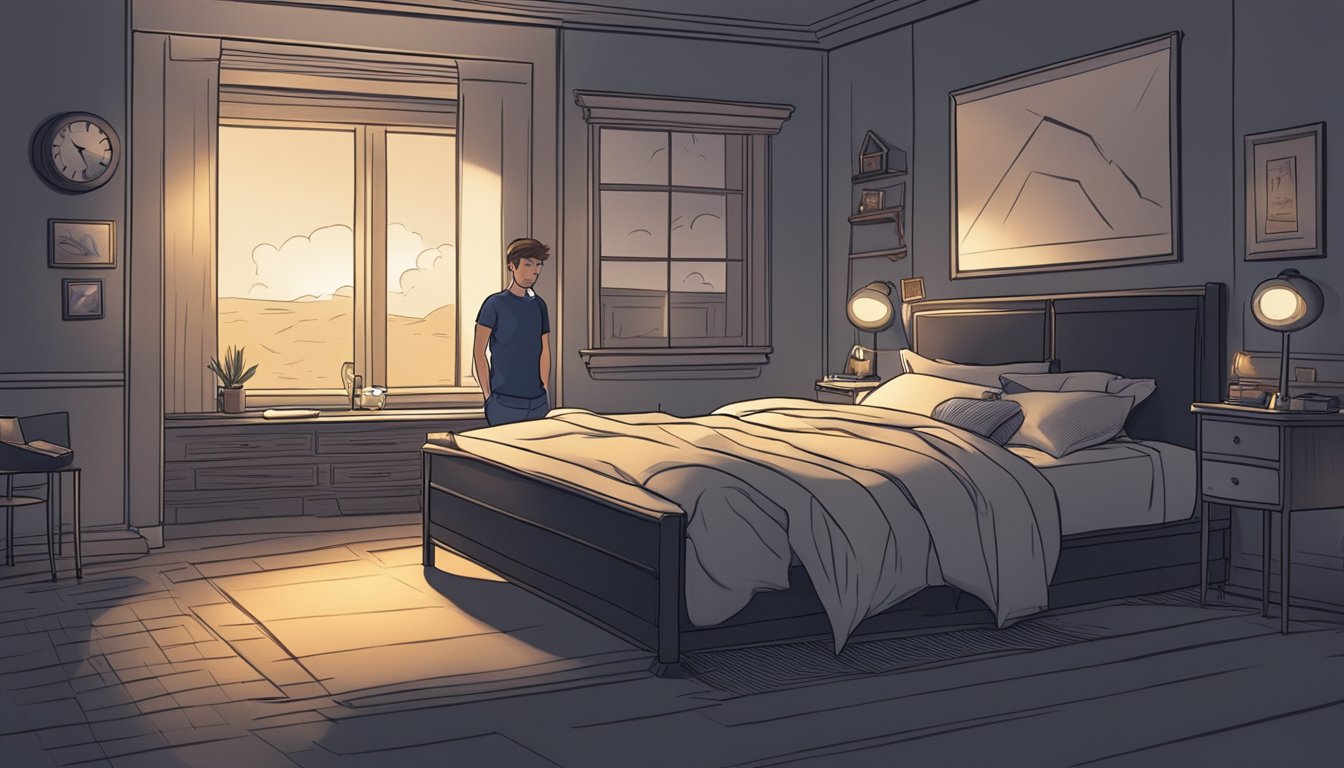 A dark, quiet bedroom with a glowing clock, a bed, and a figure tossing and turning with a worried expression