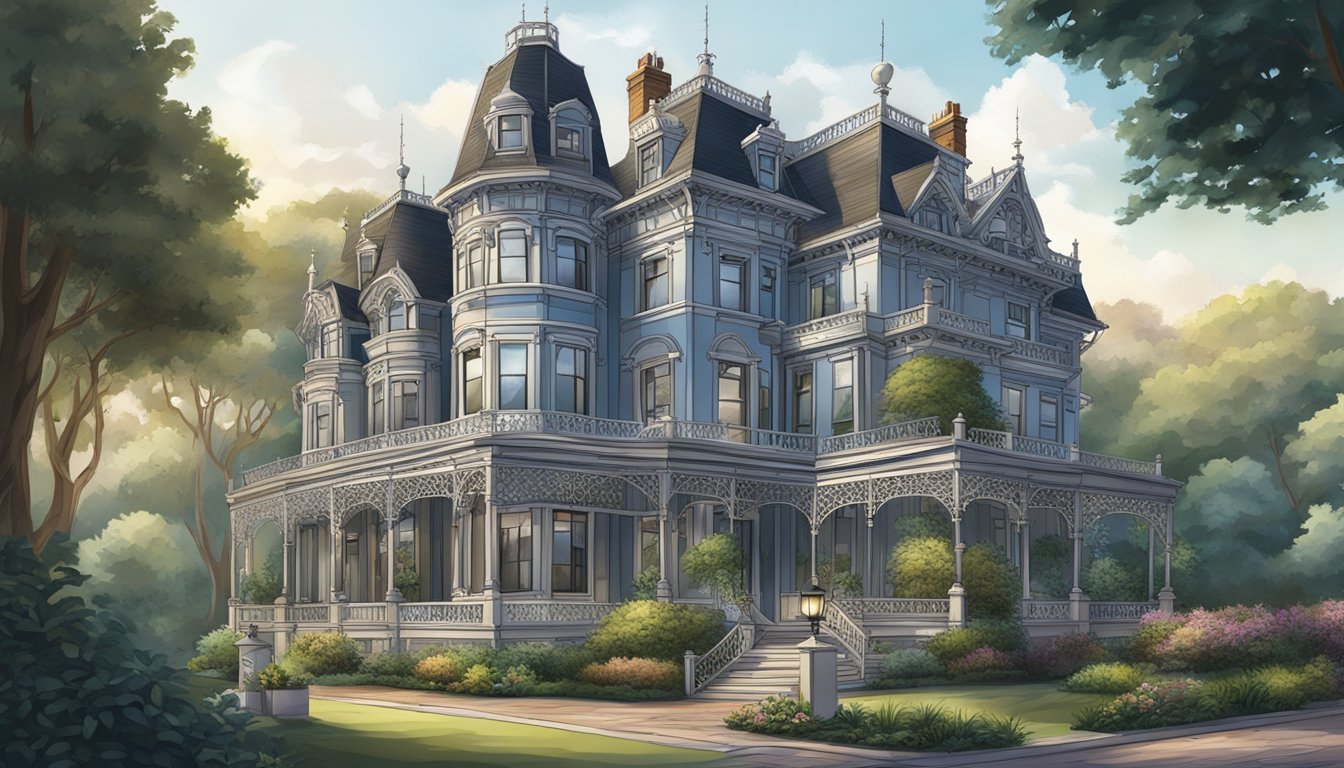 A grand Victorian mansion with ornate trim and intricate ironwork, surrounded by lush gardens and gas street lamps