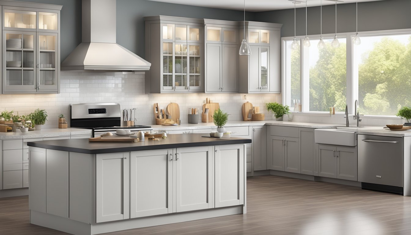 A spacious kitchen with sleek, affordable cabinets and modern appliances. Bright lighting and a clean, organized layout complete the ideal kitchen design